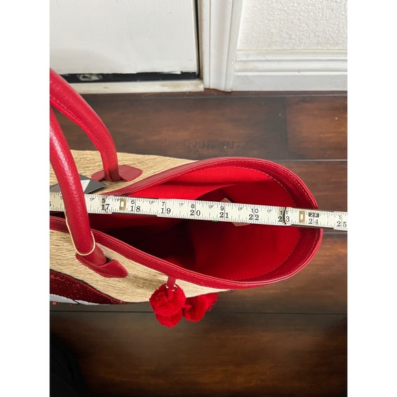 $208 By Del Rio Straw Tote Bag Women Red NEW Sequined Lips Tassel Pom Pom Large - Picture 8 of 16